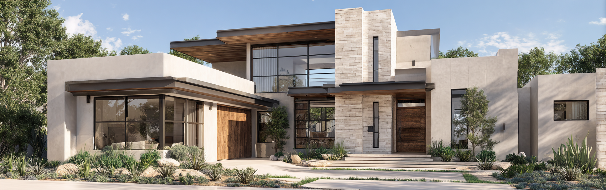 Exterior front facade of a modern luxury home in Irvine with bold geometry and floor-to-ceiling windows.