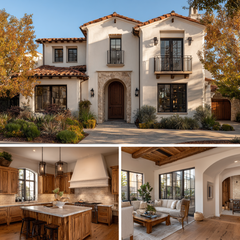 Triptych view of a Colonial Spanish Revival luxury estate, showcasing custom homes design in Irvine