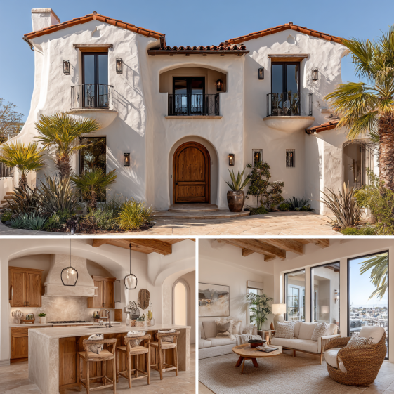 Exterior facade of a Spanish Colonial Revival house with white stucco and palm tree landscaping, representing custom homes design in San Clemente