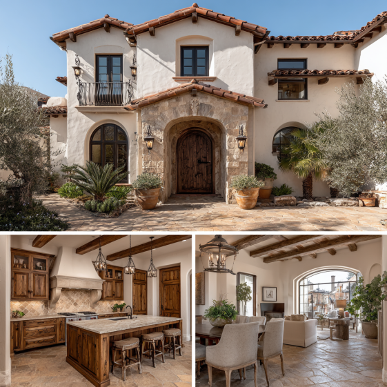 Exterior of a Spanish Colonial Revival house with white stucco and clay tiles, representing luxury custom homes design in Yorba Linda.