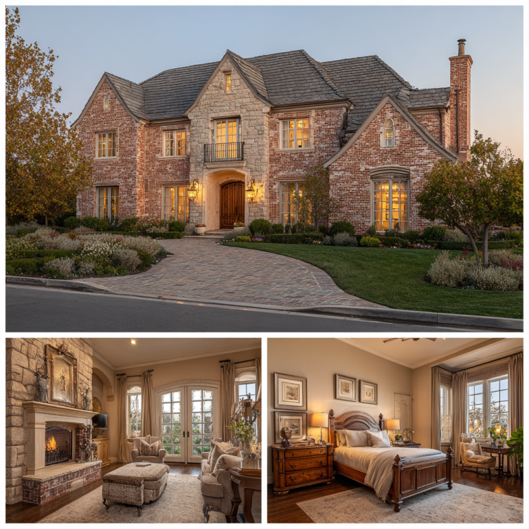 3-panel collage showing a stone facade, luxury bedroom, and classic kitchen for Custom homes design in Coto de Caza