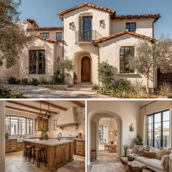 Exterior facade of a light beige Mediterranean Revival villa with red tile roofs, showcasing luxury custom homes design in Los Angeles.