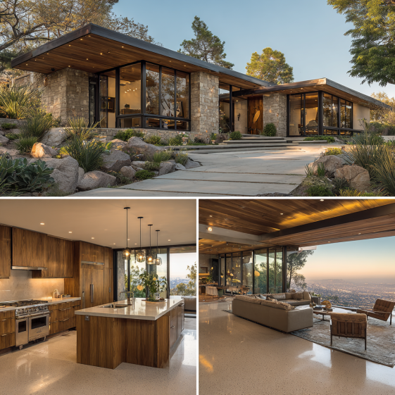 Exterior facade of a Mid-Century Modern estate in Beverly Hills with low-profile rooflines and expansive glass walls.