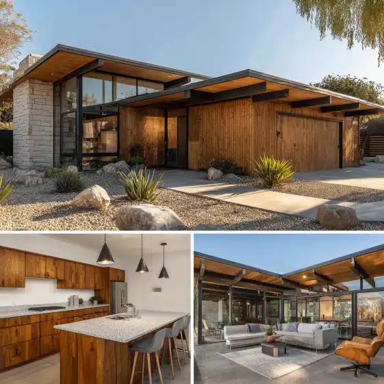 Exterior facade of a Mid-Century Modern house with floor-to-ceiling glass walls, highlighting custom homes design in Los Angeles.