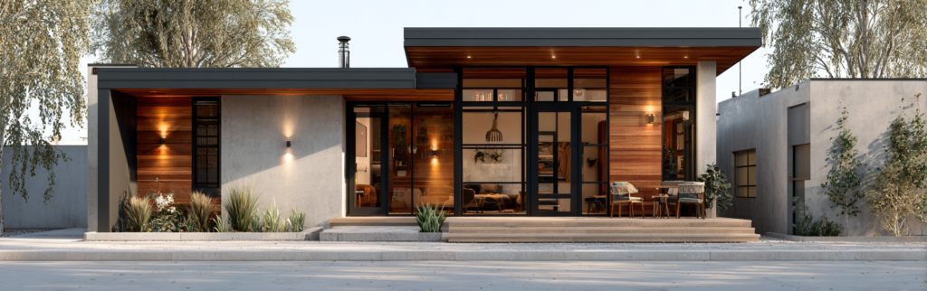 Exterior of a modern Accessory Dwelling Unit with large windows and sliding glass doors in a California backyard.