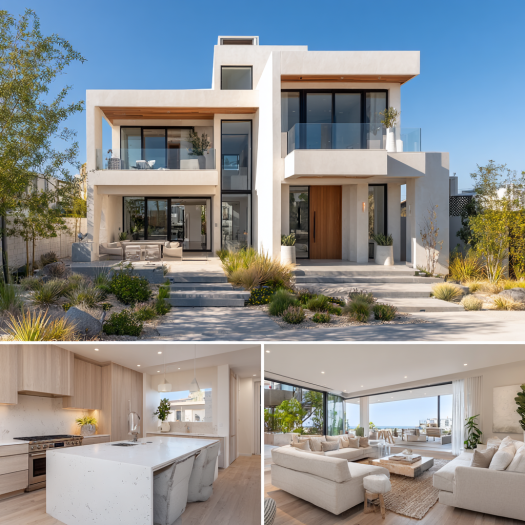 Coastal modern architecture for custom homes design in Pacific Palisades with expansive balconies and terraces.