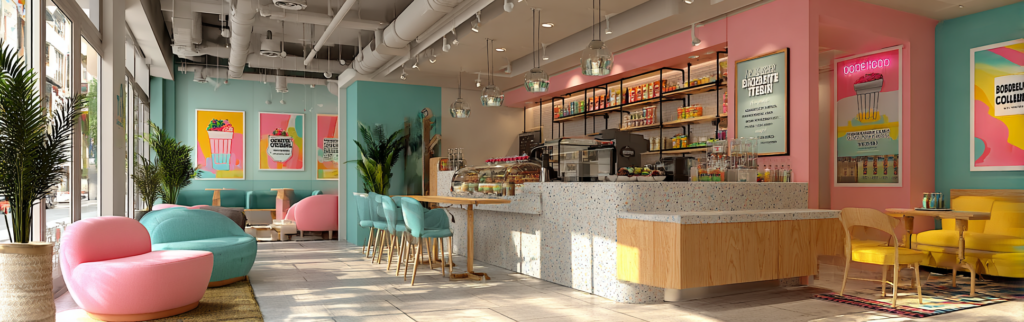 Interior of a trendy bubble tea cafe showcasing modern commercial design with neon signs and a wooden counter.