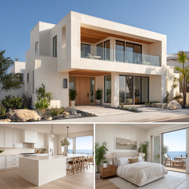 Triptych showing exterior facade and interiors of a modern coastal custom homes design in Dana Point