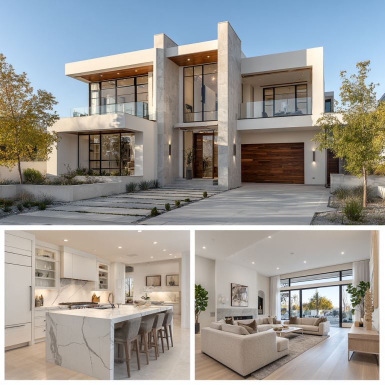Exterior view of a contemporary luxury custom homes design in Villa Park with geometric architecture and floor-to-ceiling windows.