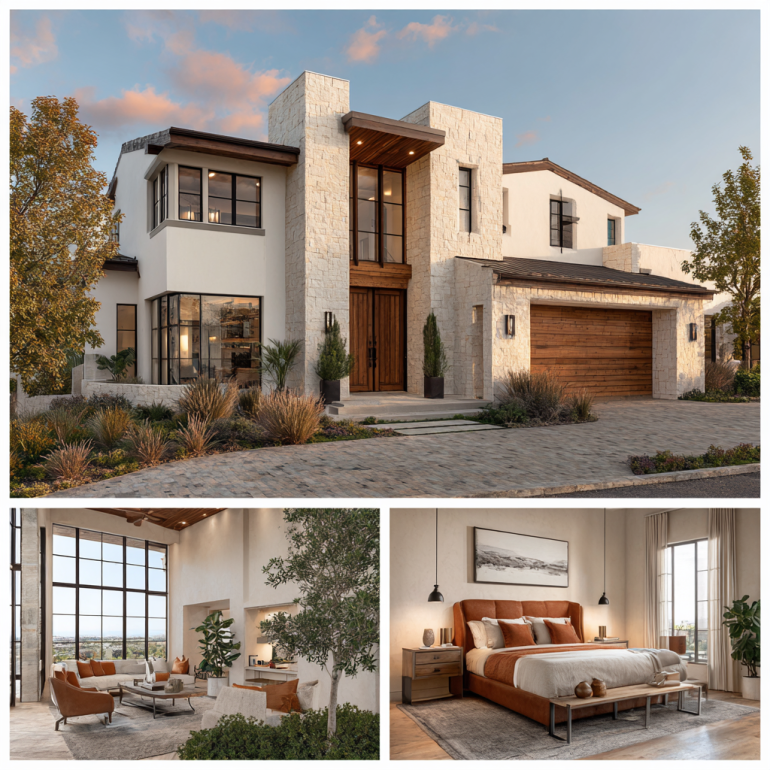 Vertical collage of a luxury estate showing a modern facade, equestrian bedroom, and light oak kitchen in Coto de Caza