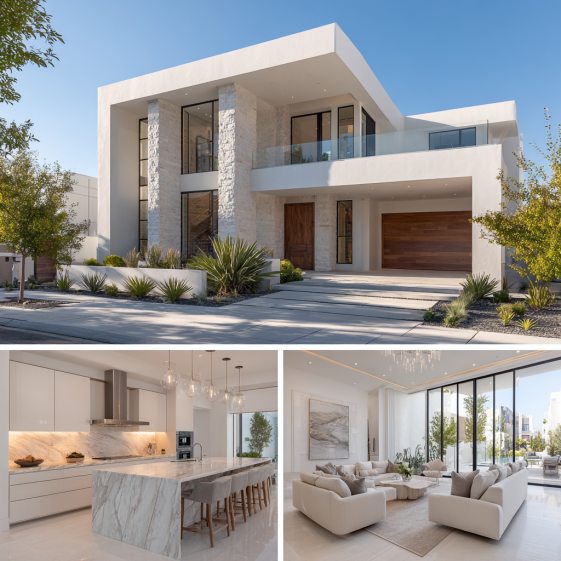 A three-part triptych showing the exterior facade, luxury kitchen, and open-concept living room for a custom homes design in Beverly Hills.