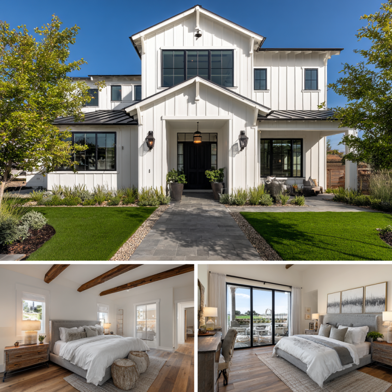3-panel collage of a luxury Modern Farmhouse showcasing professional custom homes design in Irvine