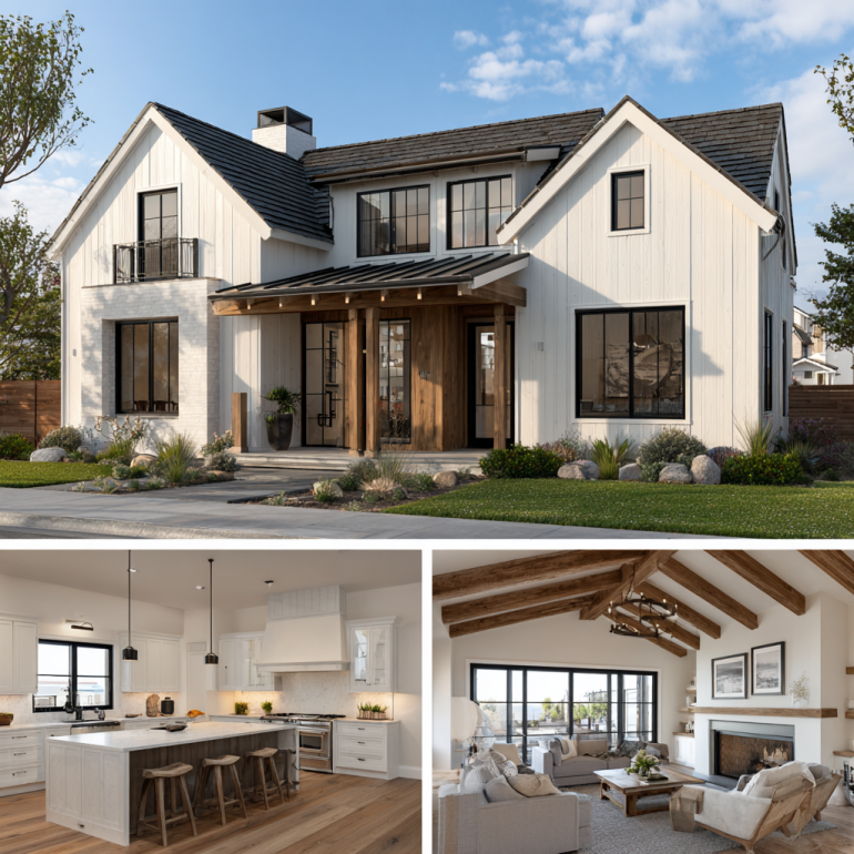 Exterior facade of a luxury modern farmhouse custom home in Newport Beach with black-framed windows and coastal landscaping.