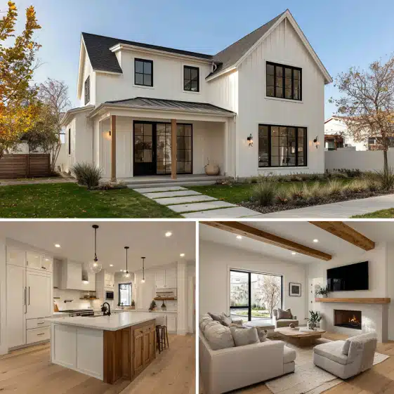 Exterior facade of a Modern Farmhouse with white board-and-batten and black windows, representing high-end custom homes design in Los Angeles.