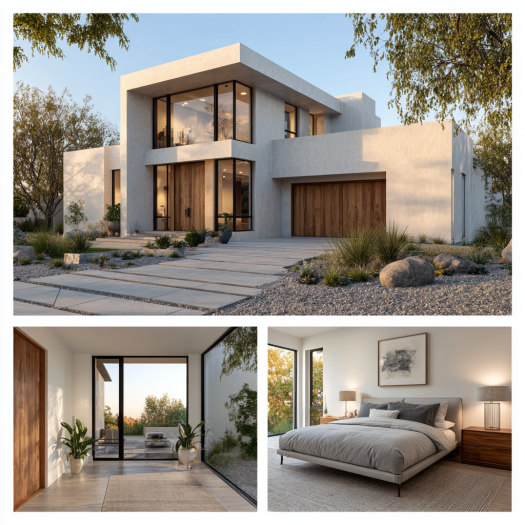 Three-part vertical collage of a minimalist custom homes design in Irvine featuring facade, bedroom, and kitchen