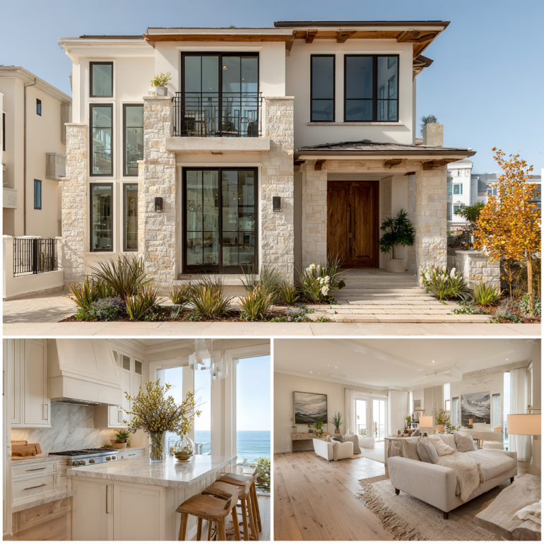 Triptych showing exterior facade, kitchen, and bedroom of a Niguel Shores Transitional custom homes design in Dana Point