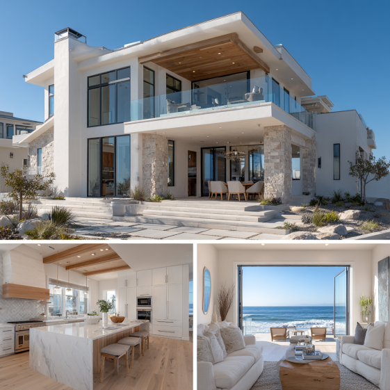 Modern oceanfront exterior facade with glass walls and white stucco, a signature of custom homes design in San Clemente.