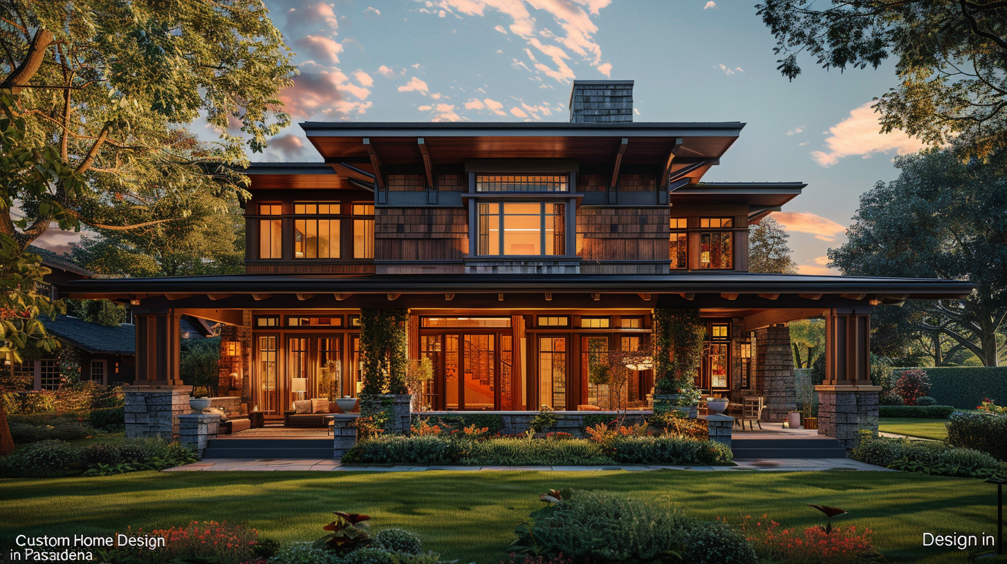 Exterior view of a modern Craftsman house with natural wood siding, representing premium custom homes design in Pasadena.
