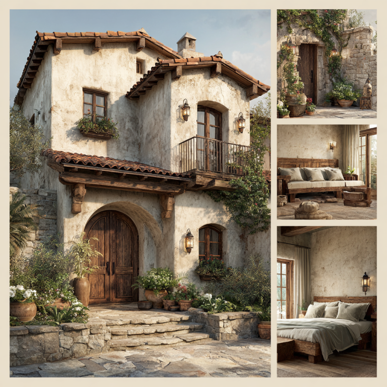 3-part vertical collage of a Rustic Italian luxury home including facade, bedroom, and kitchen.