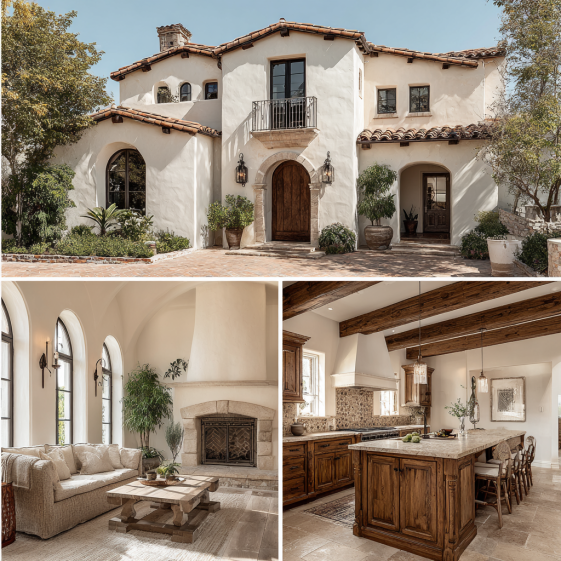 Exterior facade of a Spanish Colonial Revival estate with white stucco and wrought iron balconies, representing luxury custom homes design in Beverly Hills.