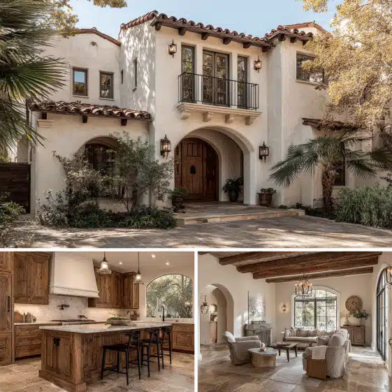 Exterior facade of a Spanish Colonial Revival house with white stucco walls and red clay tile roofs, representing high-end custom homes design in Los Angeles.