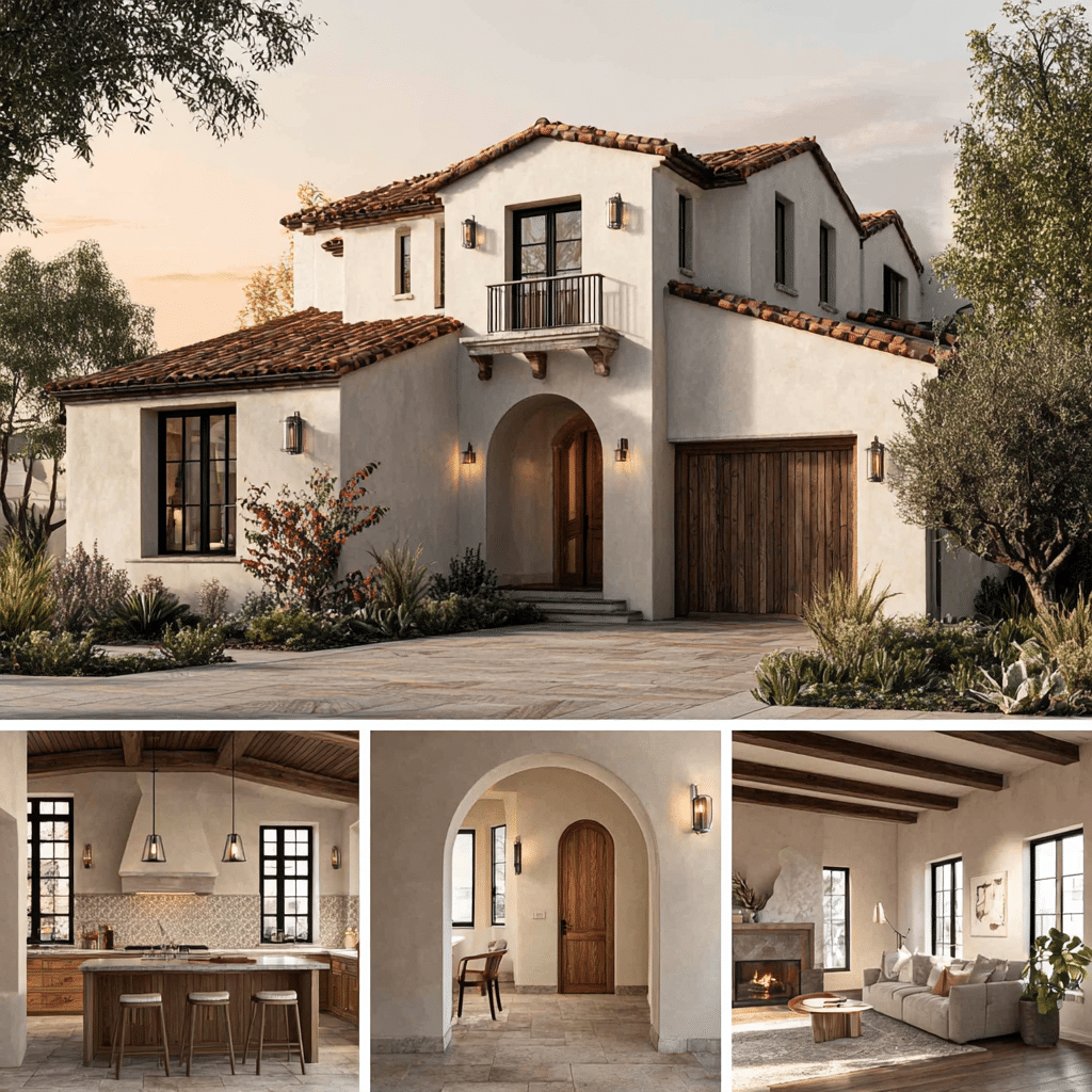 Exterior facade of a Spanish Colonial Revival house with white stucco and red clay tiles, showcasing custom homes design in Pasadena.