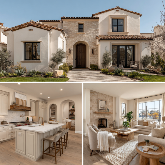 Exterior facade of a Talega Estate house with smooth light stucco and clay tile roof, a prime example of custom homes design in san clemente.