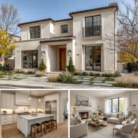 Triptych architectural composition of a transitional residence highlighting expert custom homes design in Pasadena.