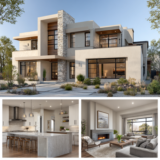 Exterior facade of a Transitional Modern house with smooth stucco and natural stone, representing luxury custom homes design in Yorba Linda.