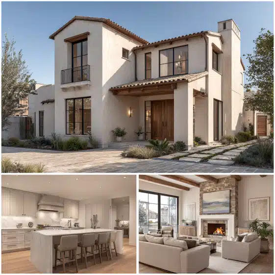 Exterior facade of a transitional luxury house in Los Angeles featuring smooth stone and clean rooflines, representing custom homes design in LA