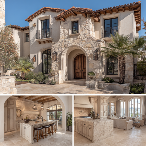 Exterior facade of a Mediterranean luxury estate with red clay tiles and arched entryways, highlighting custom homes design in Yorba Linda.