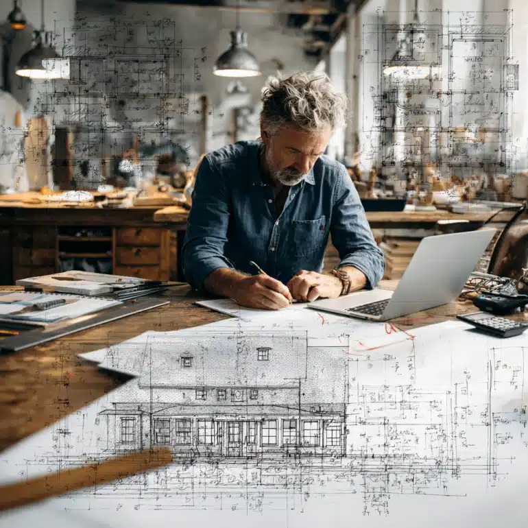 Architect's desk with redline markups and architectural Plan Corrections for a building permit.
