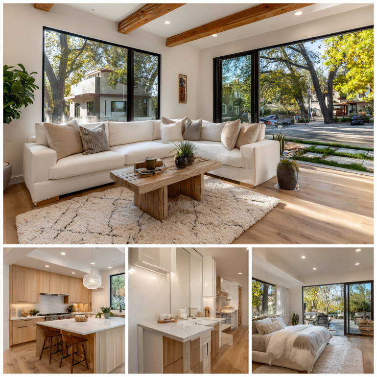 4-image collage of California home remodeling featuring a living room, kitchen, bathroom, and patio