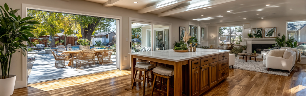 Bright open-concept living room and kitchen from a California home remodeling project