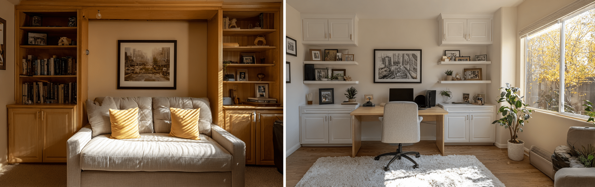Before-and-after Room Conversion in california showing a bedroom transformed into a sleek home office