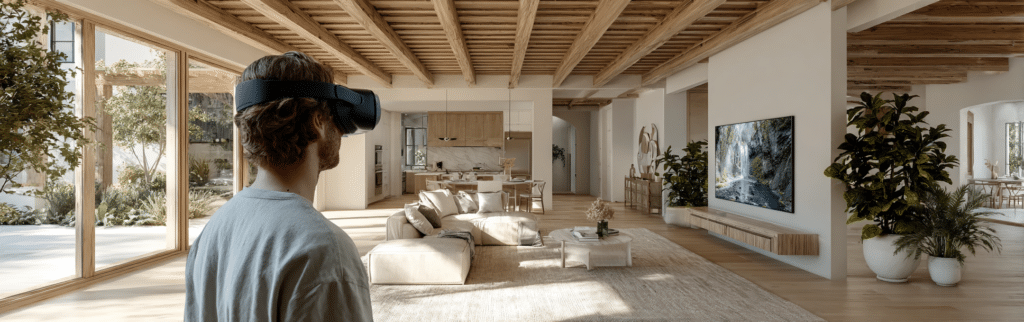 Person using a VR headset to explore a realistic home remodel via 3D virtual tours