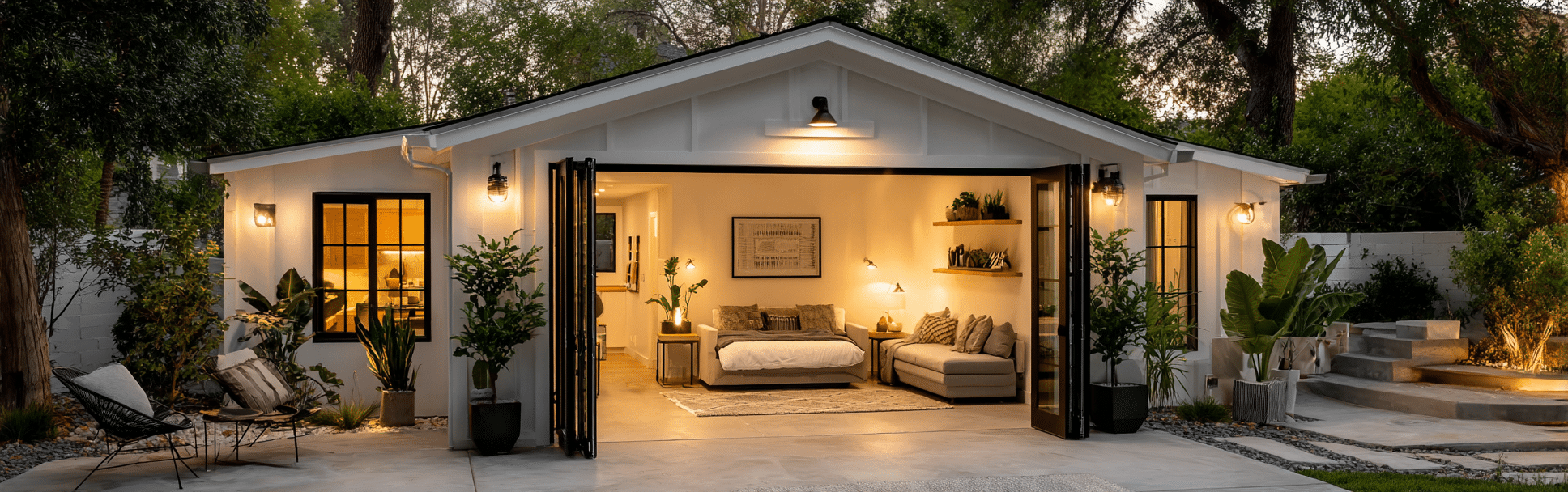 Symmetrical front view of a modern garage conversion in california showing a luxury studio interior.