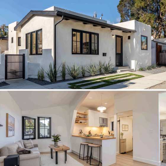 Split view of a modern JADU in California showing the attached unit exterior and a light-filled interior living space.