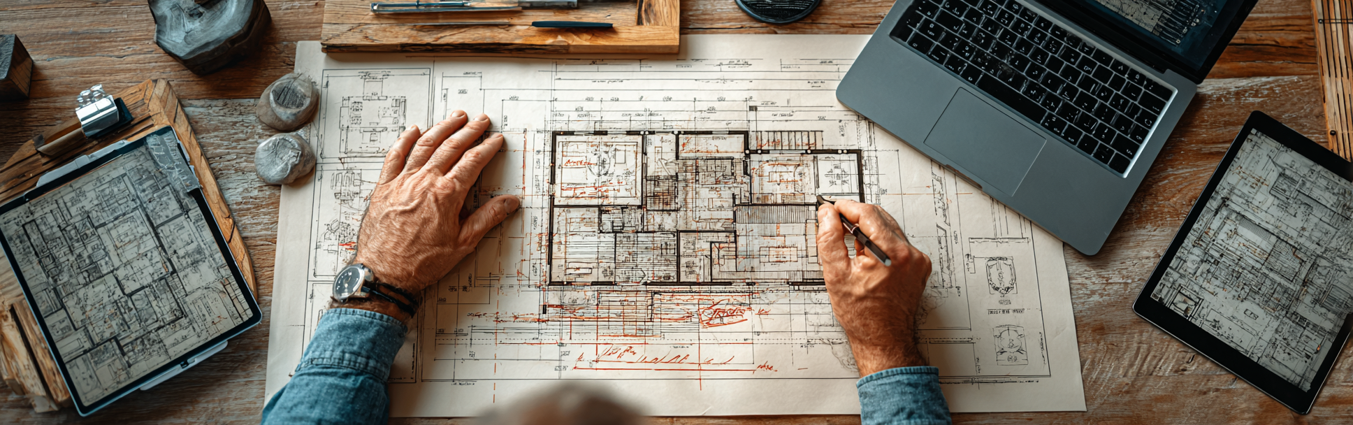 Architect reviewing and making plan corrections on detailed residential building plans.