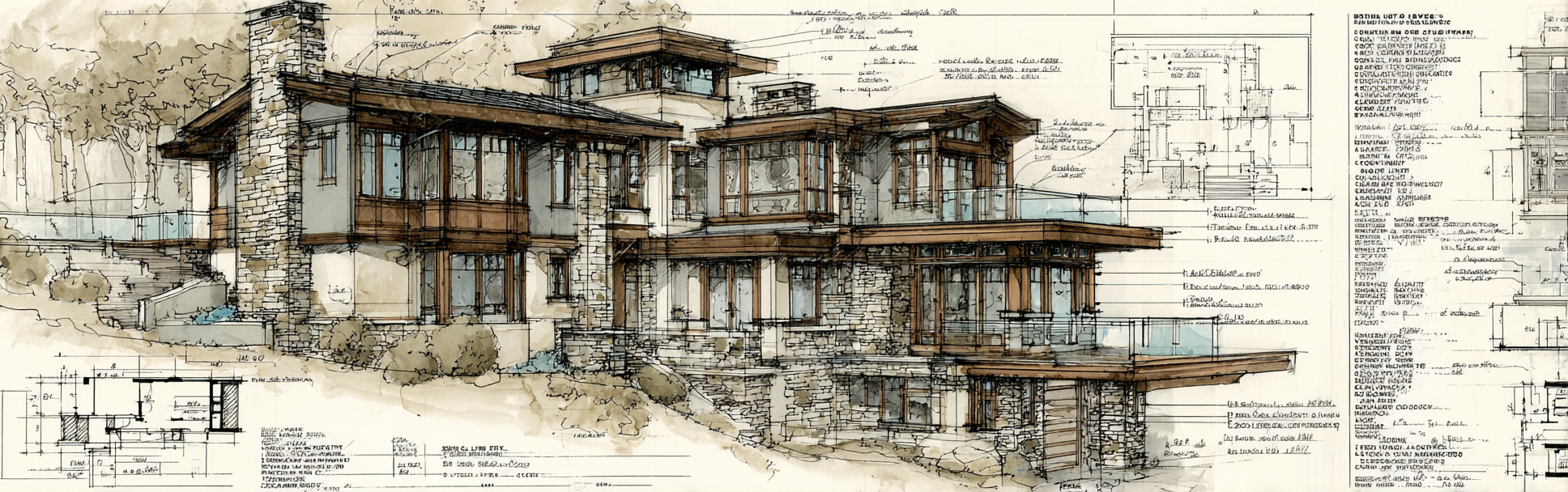 Single image colored technical drawing for a California home remodel with floor plans and elevations