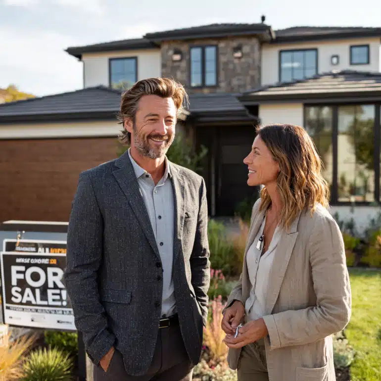 Homeowner handing house keys to a real estate agent to sell your house