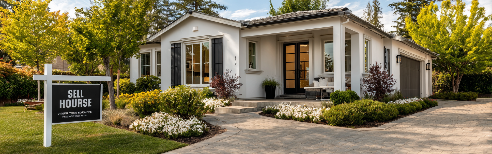 Beautiful sunset lighting on a modern house exterior designed to help sell your house