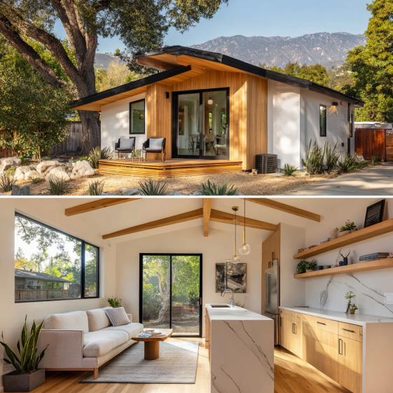 Contemporary ADU Altadena featuring a wooden deck and open-concept interior with mountain views.