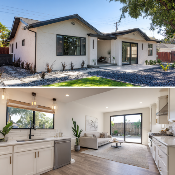 Sliding glass door opening to a small patio area of a modern ADU in Covina