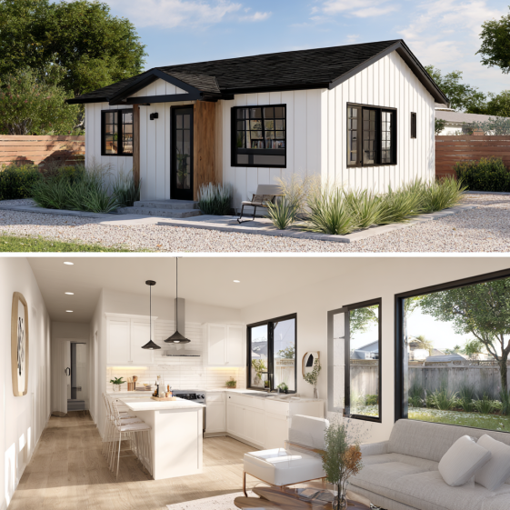 Bright interior of an ADU in Costa Mesa with light wood flooring, white cabinets, and natural light