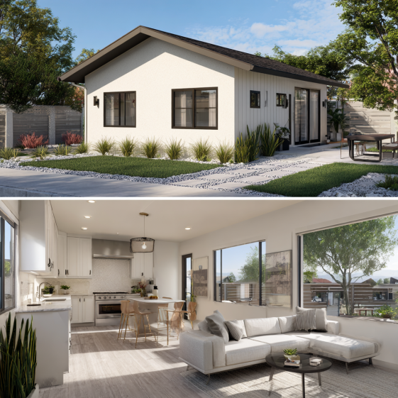 Interior of an ADU in Cypress featuring a modern kitchen, quartz countertops, and minimalist furniture.