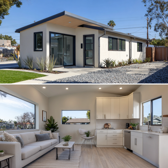 offers seamless indoor-outdoor living with sliding glass doors leading to a cozy, low-maintenance backyard patio. Exterior of an ADU in Cypress with sliding glass doors opening to a patio with decorative gravel and trimmed grass.