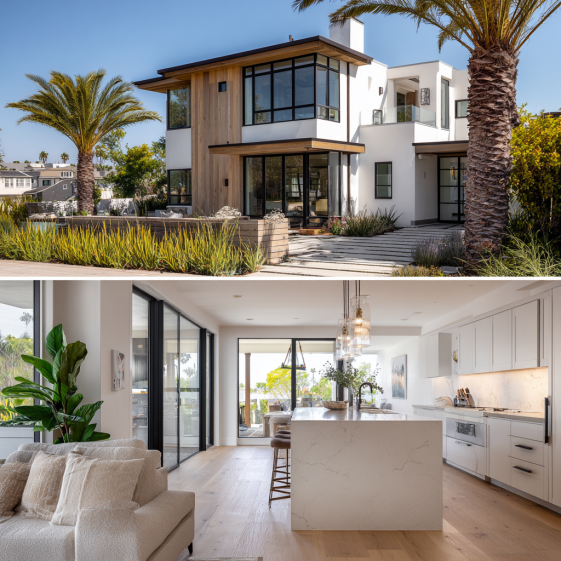 Exterior of a coastal modern ADU in Corona del Mar with palm trees and large glass sliding doors.