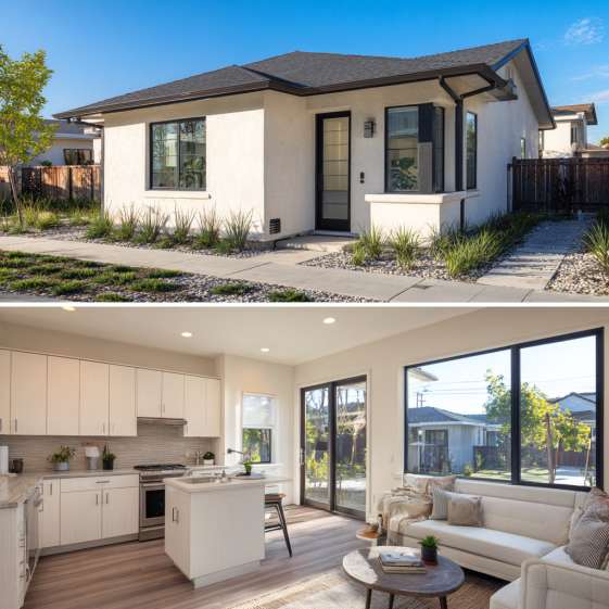 Exterior view of a modern adu Baldwin Park with a gable roof and drought-tolerant landscaping