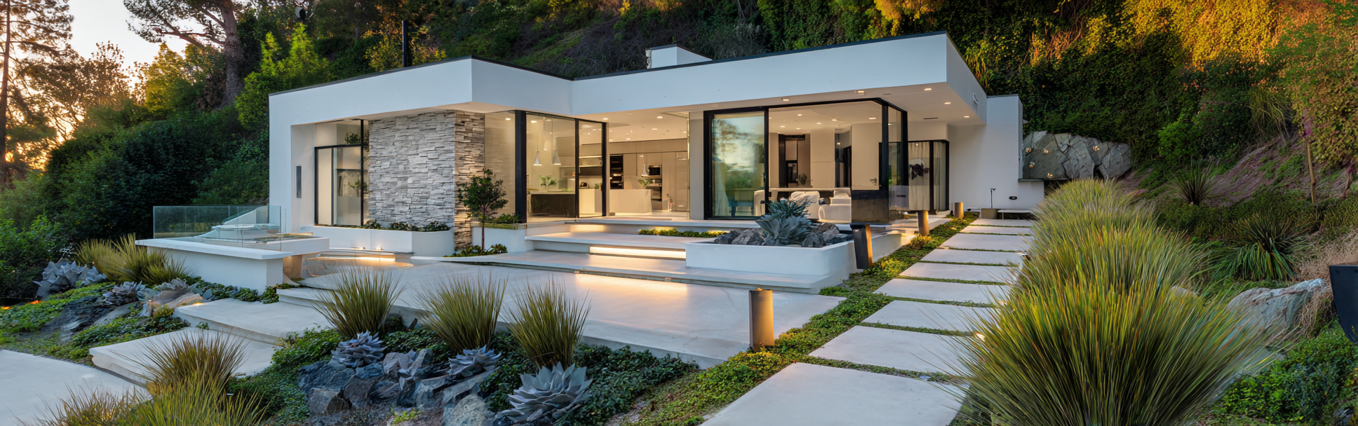 Exterior of a contemporary adu Bel-Air featuring floor-to-ceiling glass and stone accents